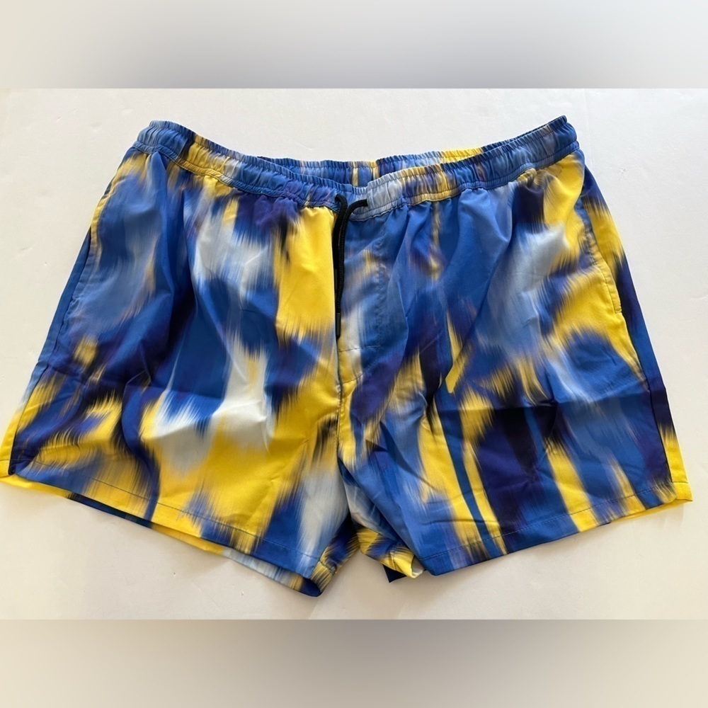 BOOHOOMAN Men’s Blue/ Yellow Short Length Abstract Swim Shorts Size XL New
